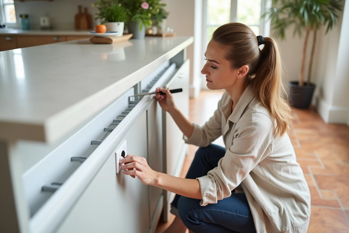 Femme installant une goulotte avec prises intégrées sur le bord d'un îlot de cuisine en bois clair