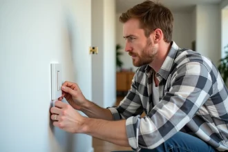 Homme moyenâgeux installe un interrupteur moderne dans un salon