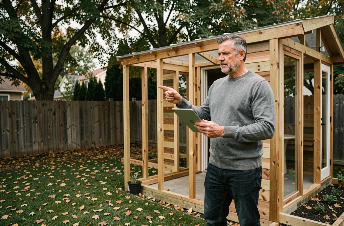 Propriétaire évaluant l'avancement de l'installation de son studio de jardin Greenkub en bois dans son jardin