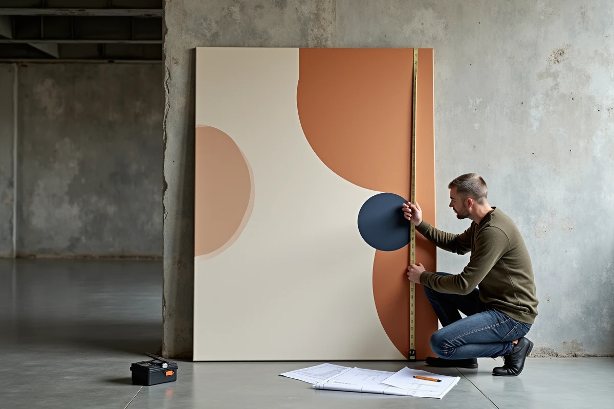 Homme installant un grand tableau XXL géométrique contre un mur en béton brut dans un loft industriel avec poutres en acier