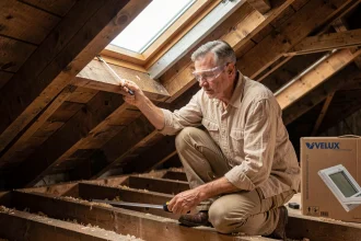 Artisan installant une fenêtre de toit Velux dans un grenier en bois, mesurant le cadre avec précision
