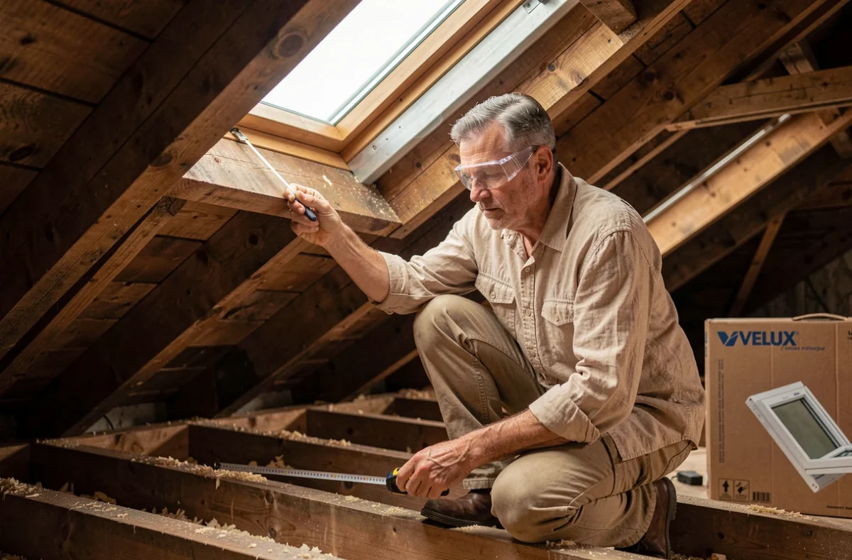 Artisan installant une fenêtre de toit Velux dans un grenier en bois, mesurant le cadre avec précision