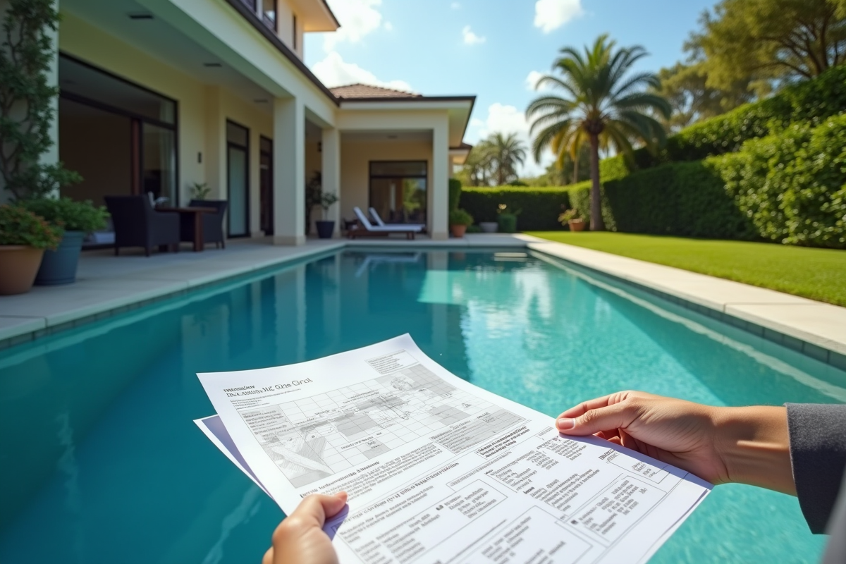 Jardin avec piscine et personne vérifiant plans et documents