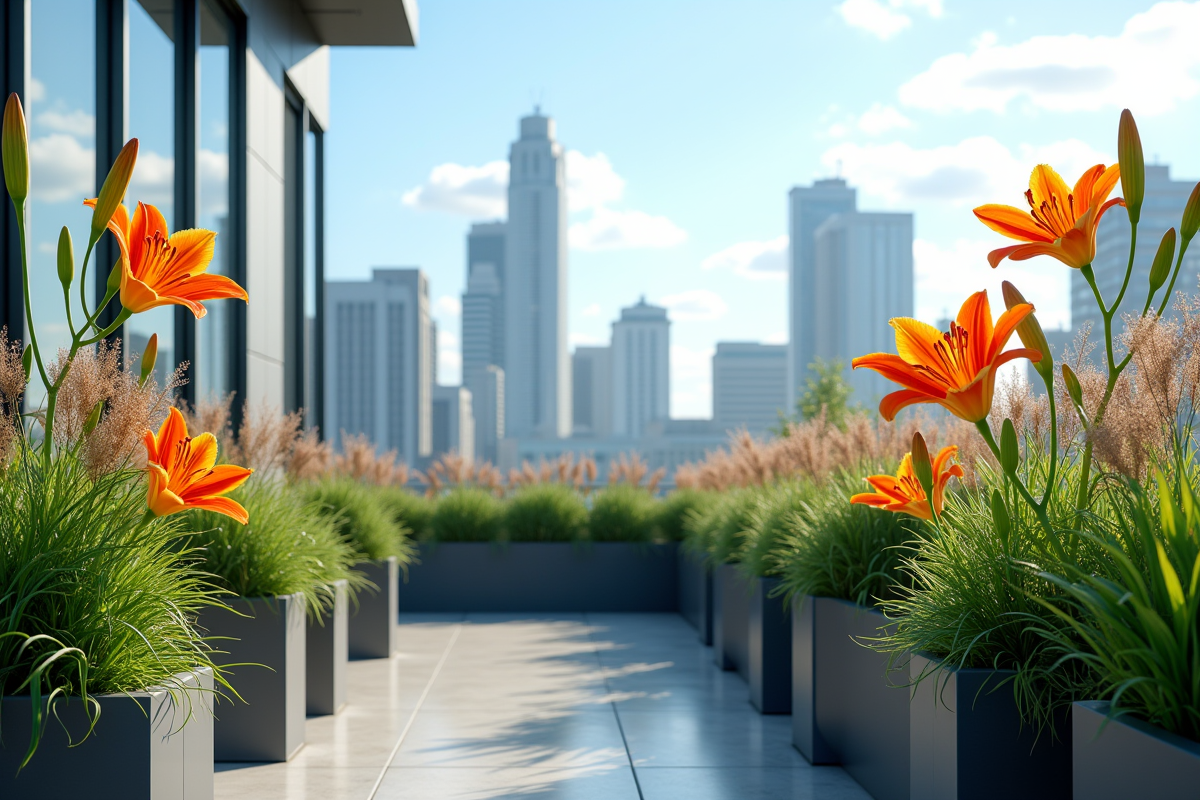 Jardin urbain sur un toit avec des lilies tigres en pot