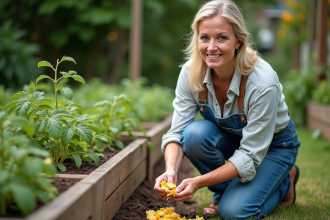 Femme jardinant avec des tomates et pommes de terre