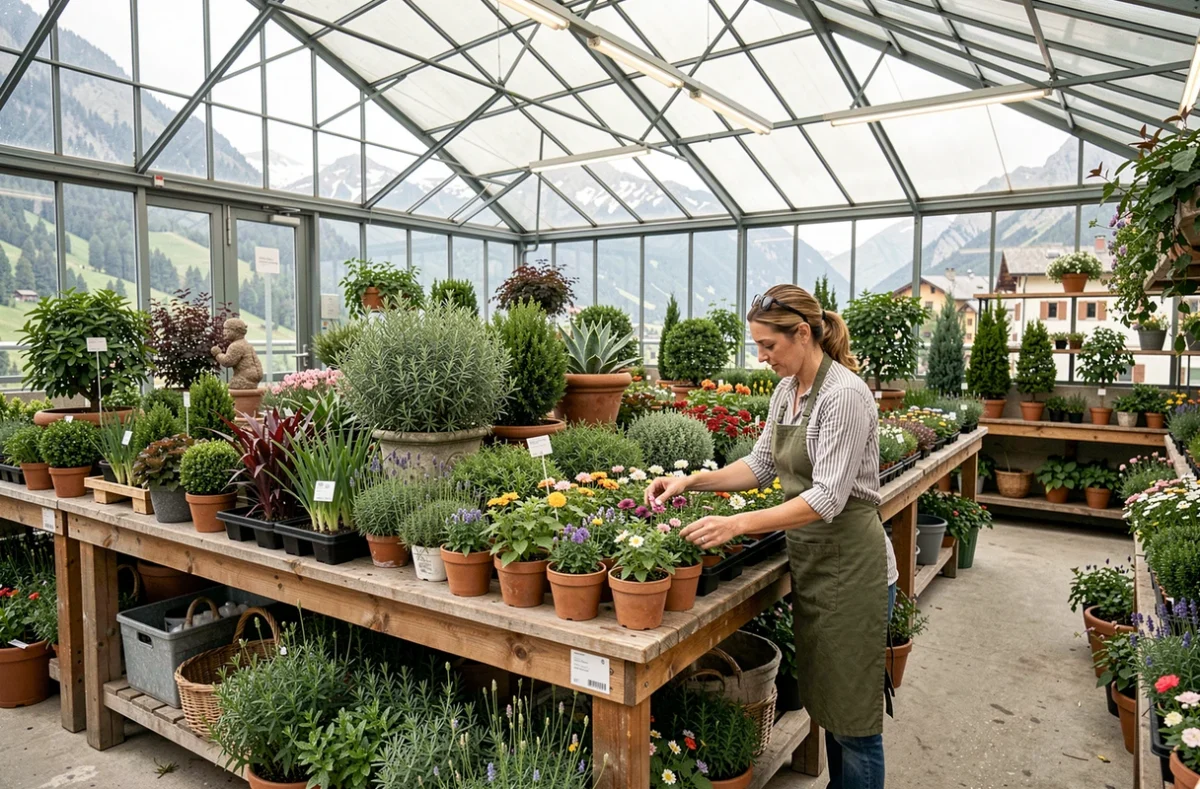 Jardinerie Delbard à Morzine avec des plantes alpines et accessoires de jardin sous une serre avec vue sur la montagne