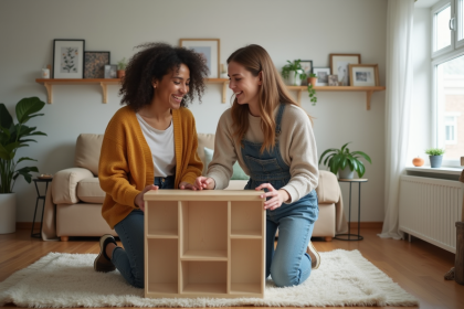 Jeune couple riant en assemblant une petite étagère dans un salon lumineux