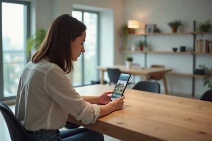 Jeune femme explore un tour 3D d'une maison sur son smartphone