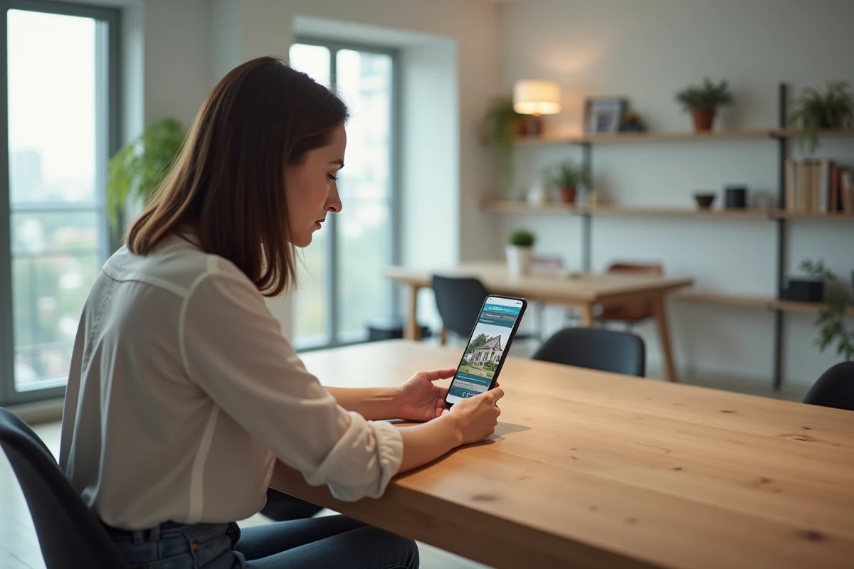 Jeune femme explore un tour 3D d'une maison sur son smartphone