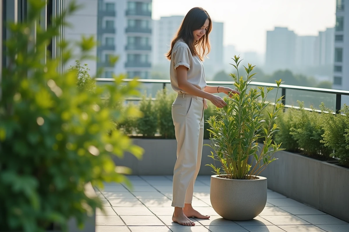 Jeune femme arrangeant des plantes sur une terrasse urbaine
