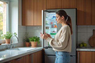 Jeune femme regardant une étiquette énergie sur le frigo