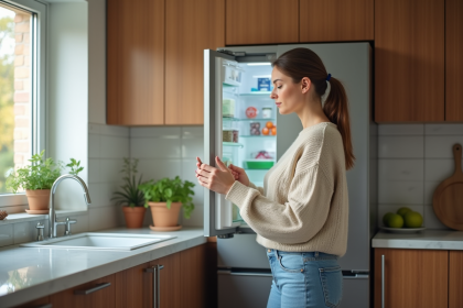 Jeune femme regardant une étiquette énergie sur le frigo