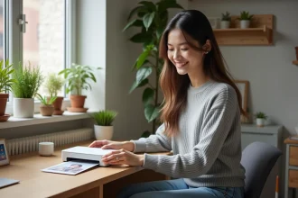 Jeune femme souriante avec imprimante photo dans un appartement