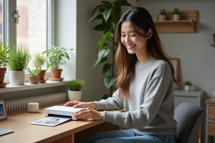 Jeune femme souriante avec imprimante photo dans un appartement