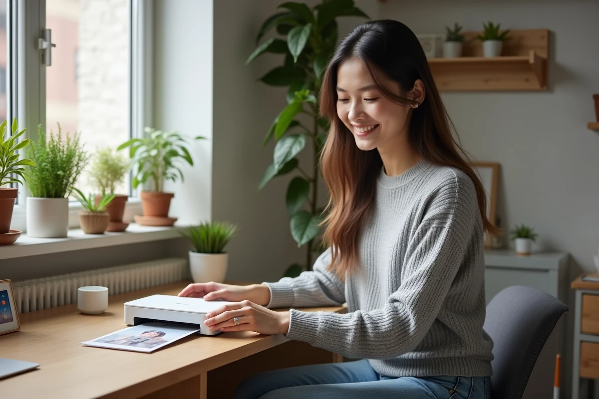 Jeune femme souriante avec imprimante photo dans un appartement