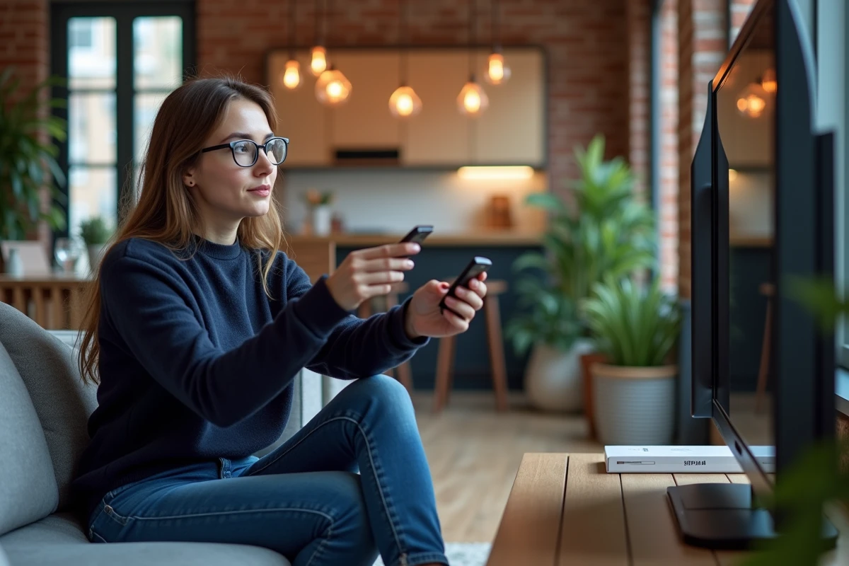 Jeune femme avec télécommande devant une télévision dans un appartement urbain