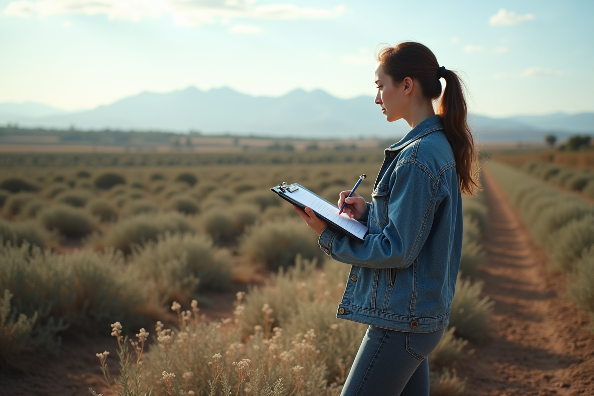 Jeune femme notant sur un clipboard dans un terrain sauvage
