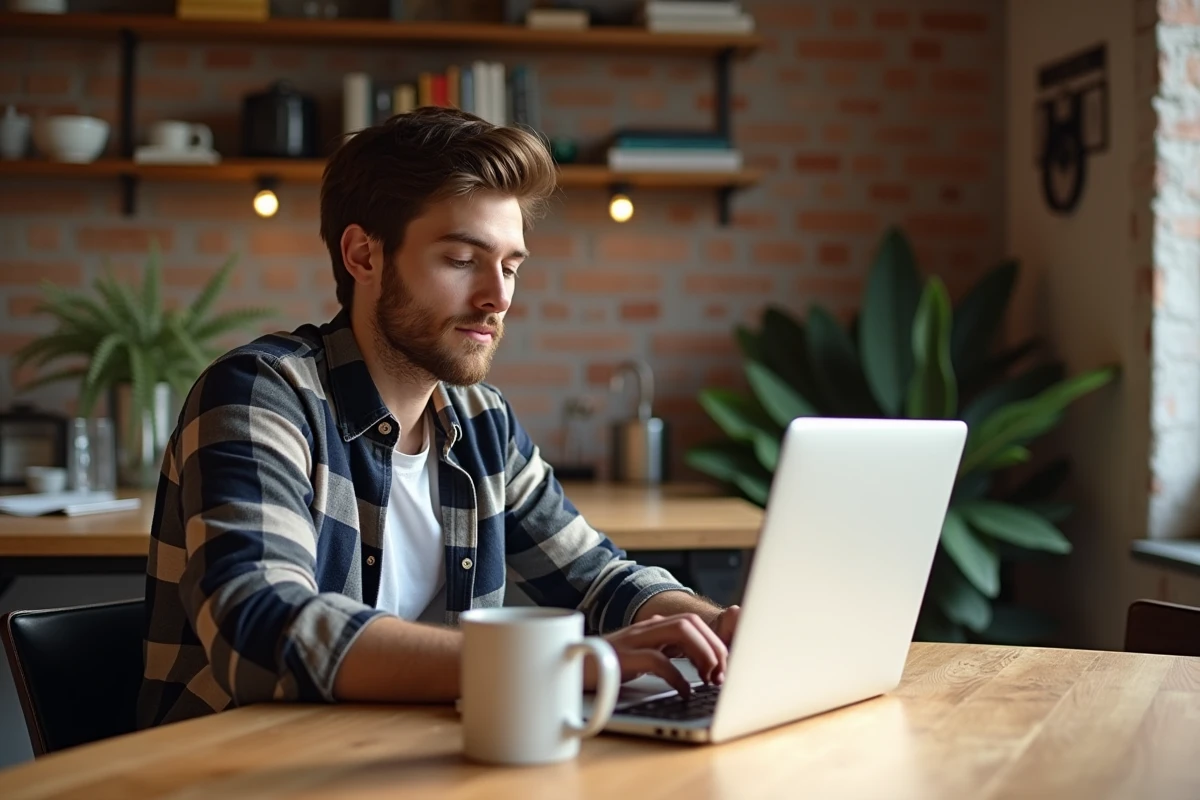 Jeune homme utilisant un ordinateur avec une couverture protectrice