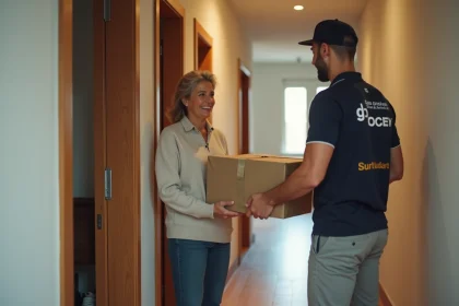 Femme recevant livraison dans son appartement