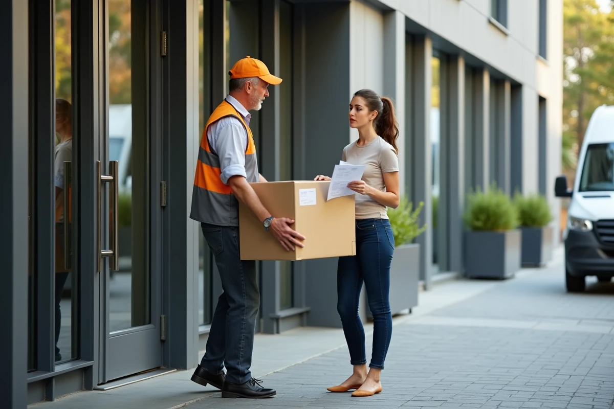 Livraison d'un dressing sur mesure commandé en ligne devant un immeuble moderne