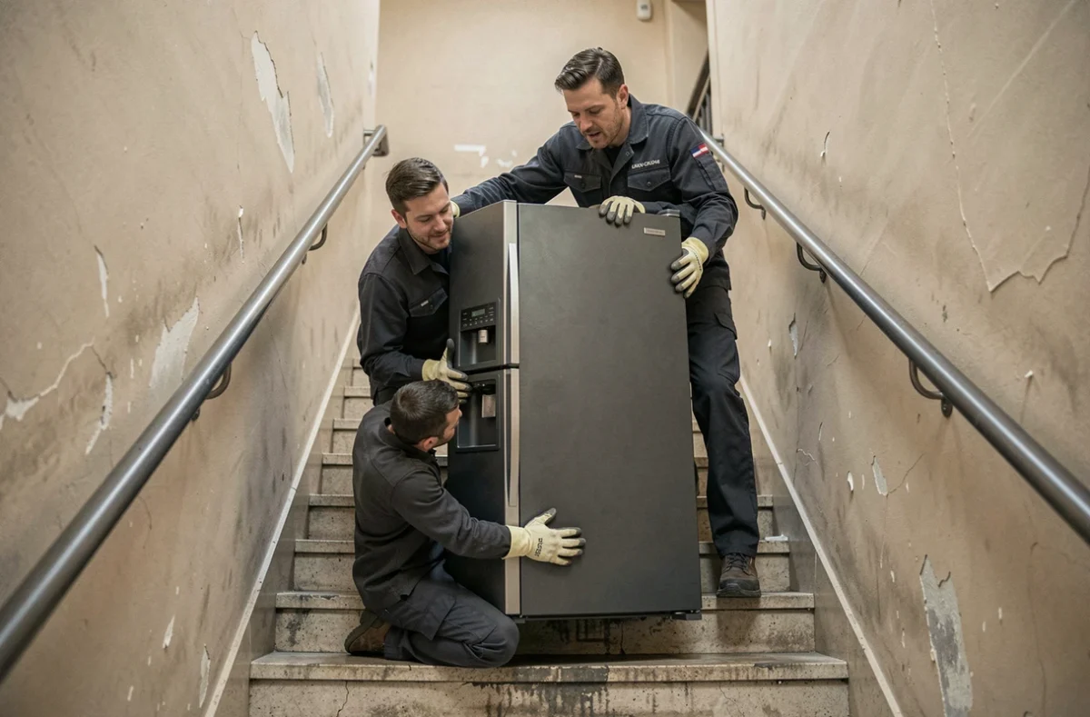 Deux livreurs portant un grand réfrigérateur américain d'occasion lourd dans un escalier d'immeuble, illustrant les défis liés au poids de l'appareil