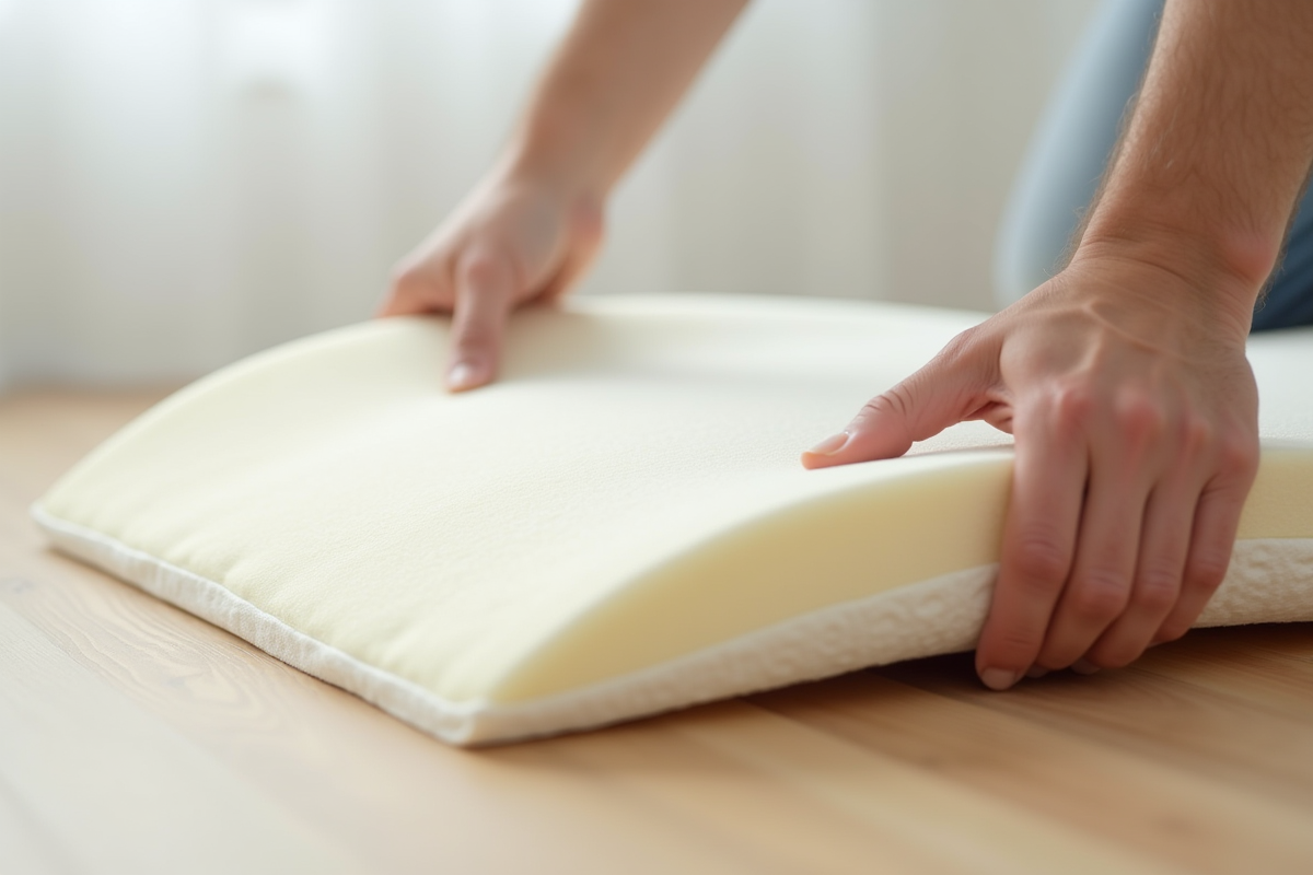 Mains pressant un matelas mémoire sur un sol en bois clair