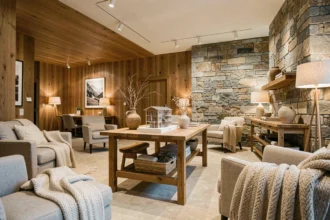 Showroom d'un décorateur d'intérieur en Haute-Savoie avec mobilier alpin contemporain et matériaux naturels