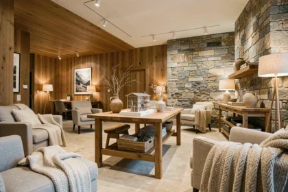 Showroom d'un décorateur d'intérieur en Haute-Savoie avec mobilier alpin contemporain et matériaux naturels