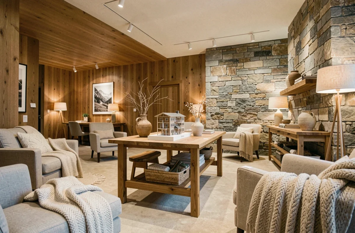 Showroom d'un décorateur d'intérieur en Haute-Savoie avec mobilier alpin contemporain et matériaux naturels
