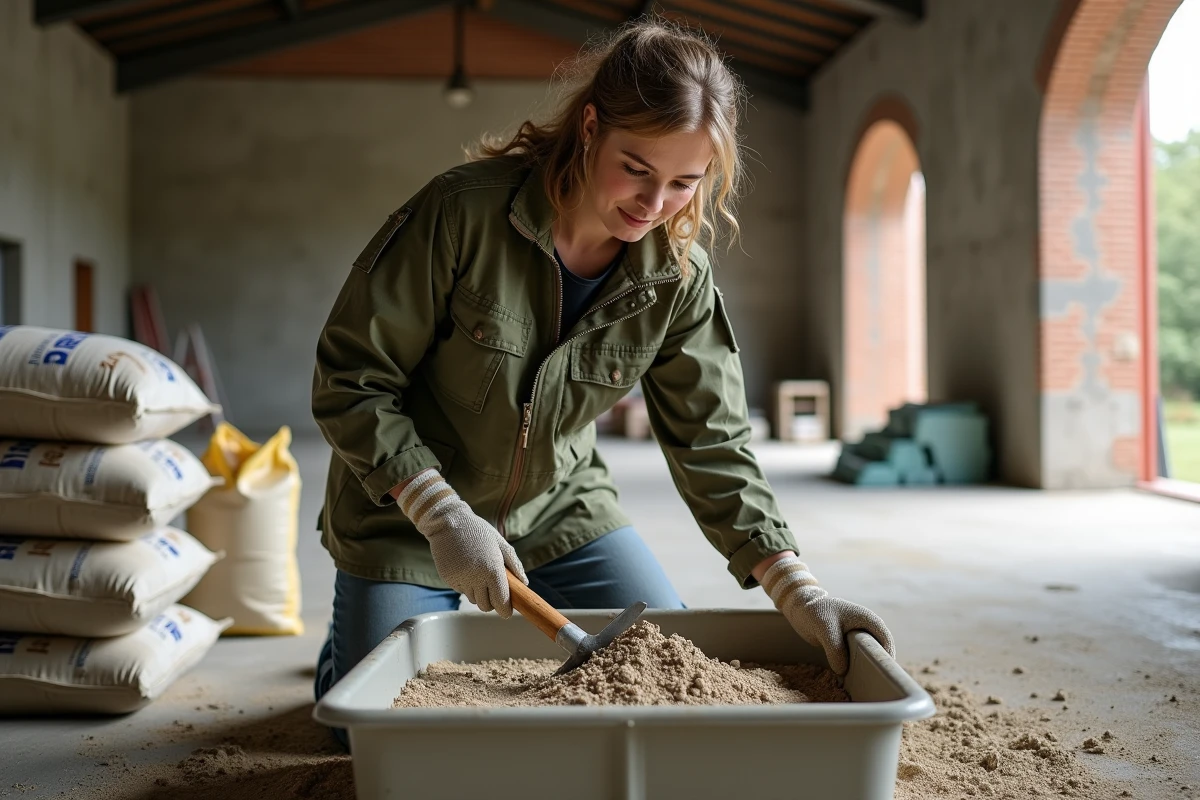 Apprentie maçonne mélangeant du mortier chaux-sable dans une auge plastique avec des sacs de matériaux en arrière-plan dans un atelier