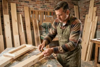 Menuisier professionnel mesurant un cadre de porte en bois dans un atelier artisanal du Nord de la France