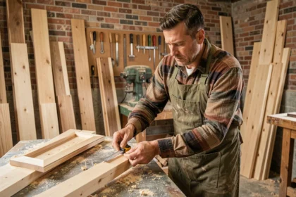 Menuisier professionnel mesurant un cadre de porte en bois dans un atelier artisanal du Nord de la France