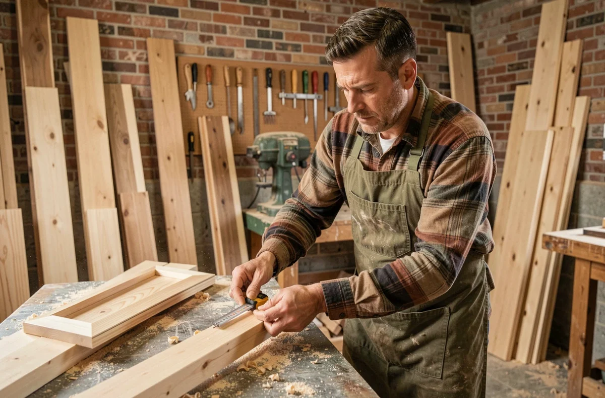 Menuisier professionnel mesurant un cadre de porte en bois dans un atelier artisanal du Nord de la France