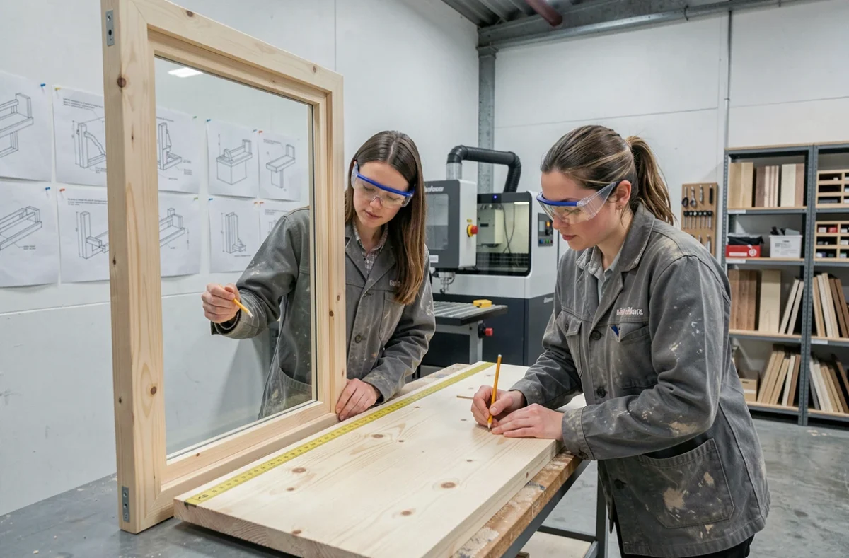 Deux menuisières inspectant un cadre de fenêtre en bois dans un atelier de menuiserie moderne dans le Nord