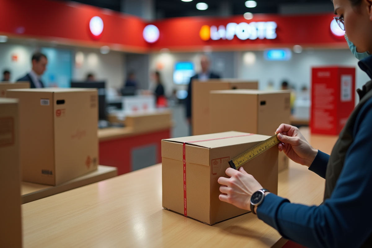 Main d’un facteur mesurant un colis à la poste