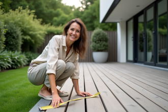 Femme souriante mesurant une terrasse en bois dans un jardin