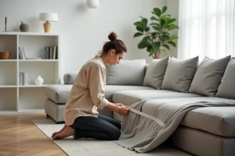 Femme mesurant une housse de canapé méridienne grise avant l'achat dans un salon scandinave
