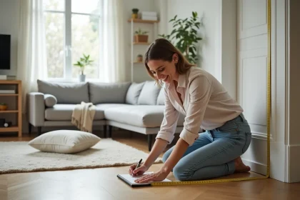 Femme mesurant un mur avec un ruban dans un int&eacute;rieur moderne
