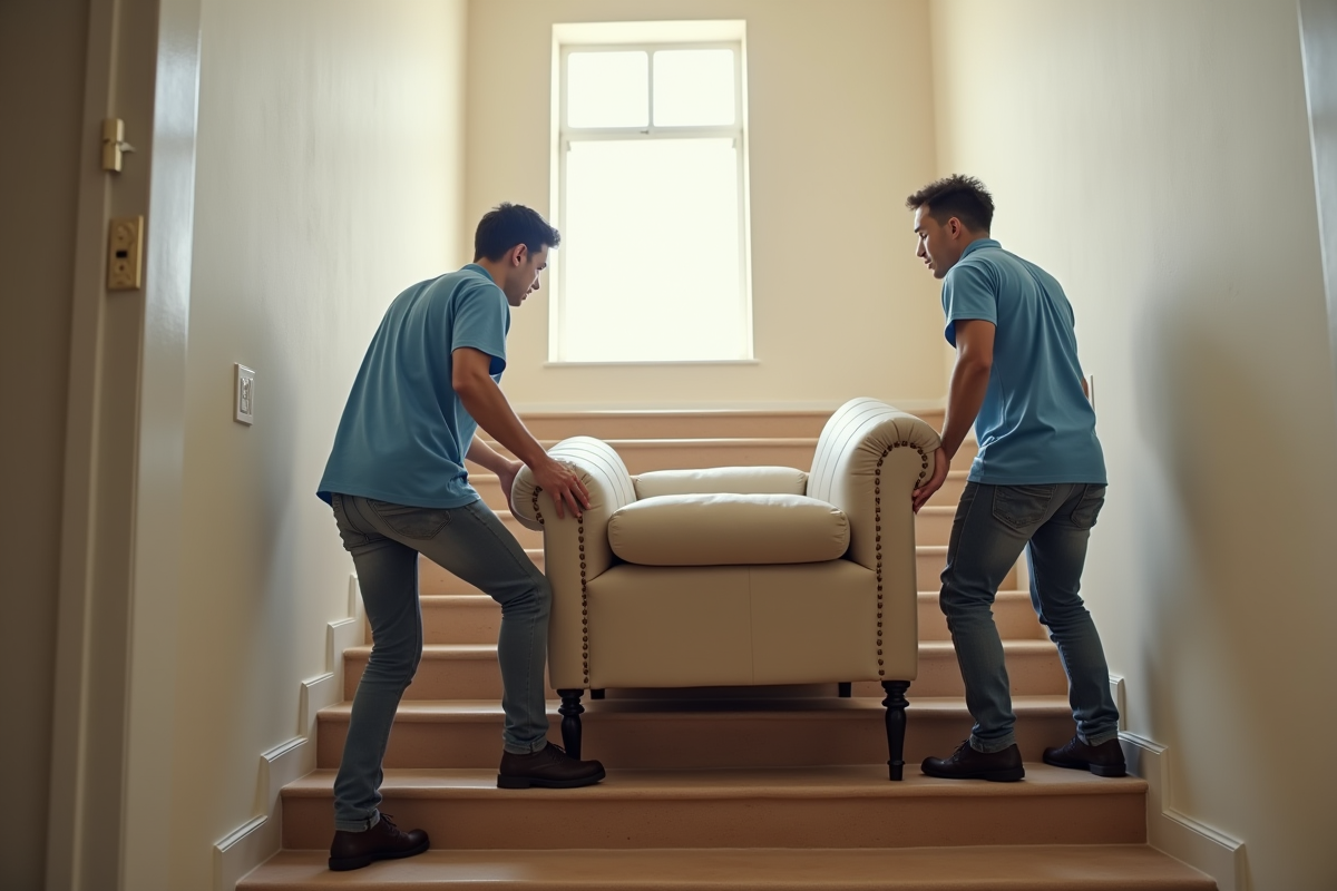 Déménageurs transportent un canapé protégé dans un couloir lumineux