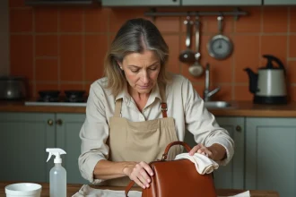 Femme nettoyant un sac en cuir moisi avec du vinaigre blanc sur une table en bois rustique