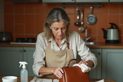 Femme nettoyant un sac en cuir moisi avec du vinaigre blanc sur une table en bois rustique