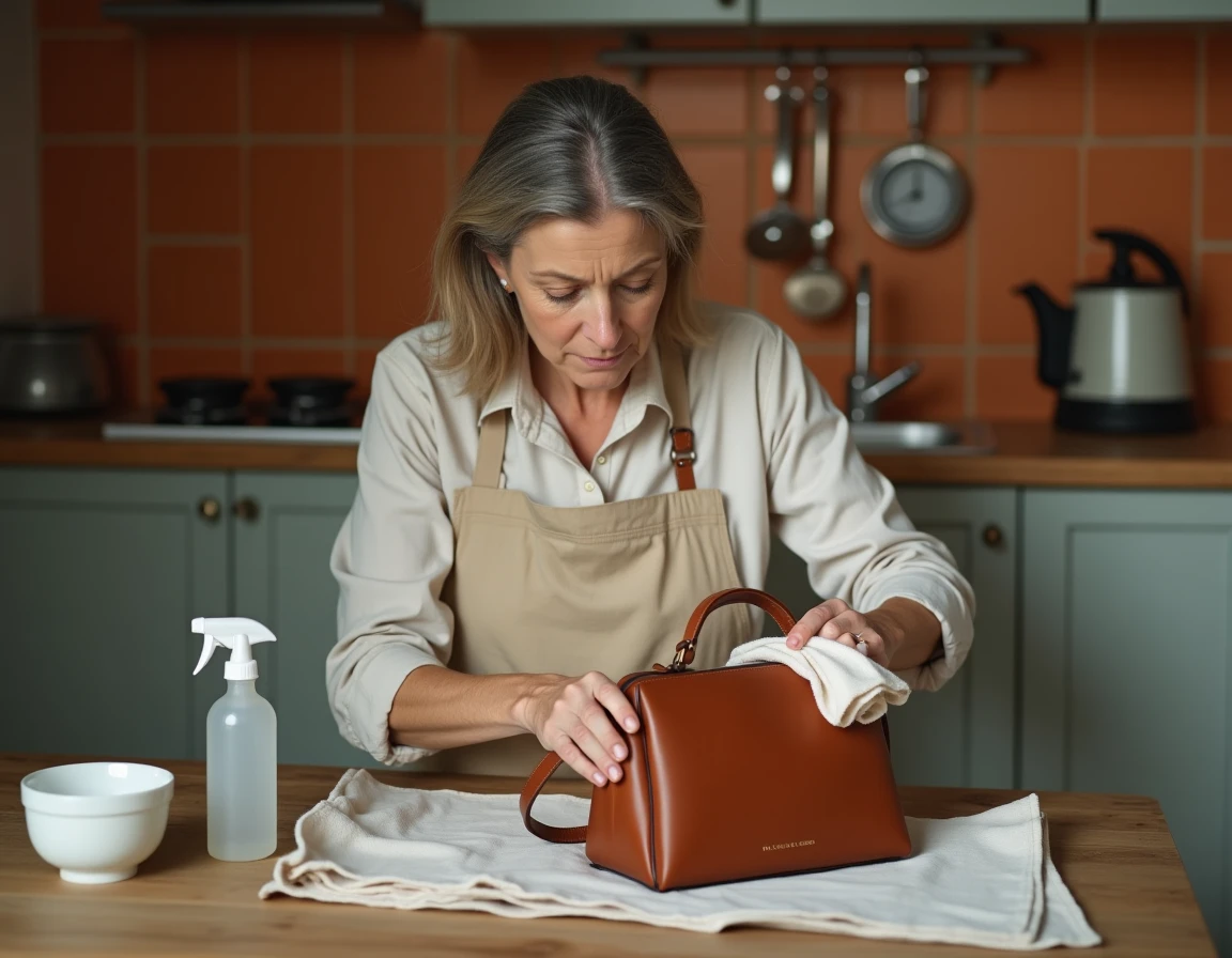 Femme nettoyant un sac en cuir moisi avec du vinaigre blanc sur une table en bois rustique