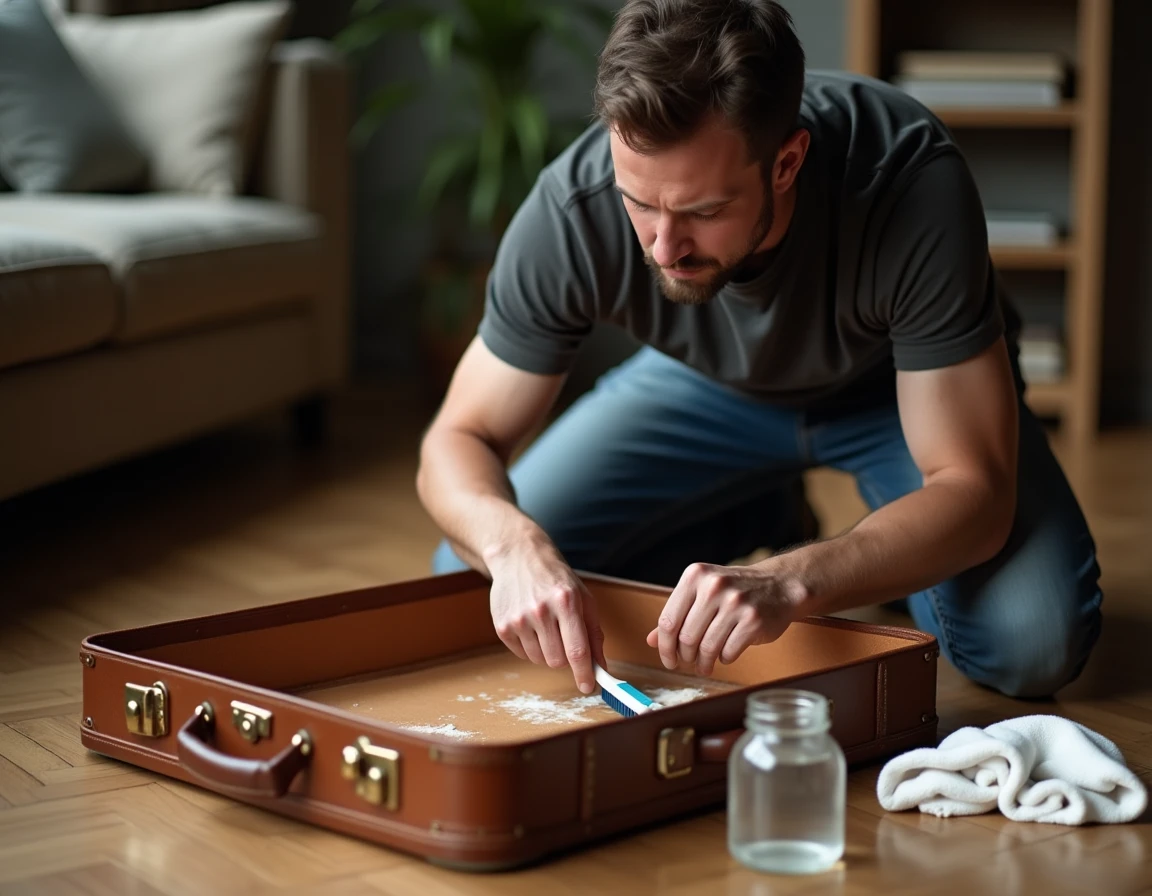 Homme nettoyant une valise en cuir ancienne moisie avec une brosse à dents et un produit maison