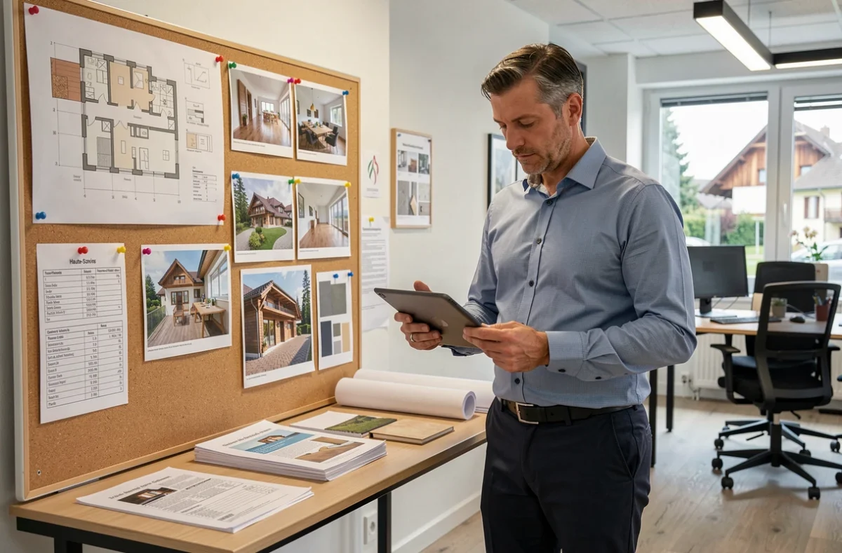 Consultant de Nogepe dans un bureau de gestion de projets de rénovation avec plans et fiches techniques affichés au mur