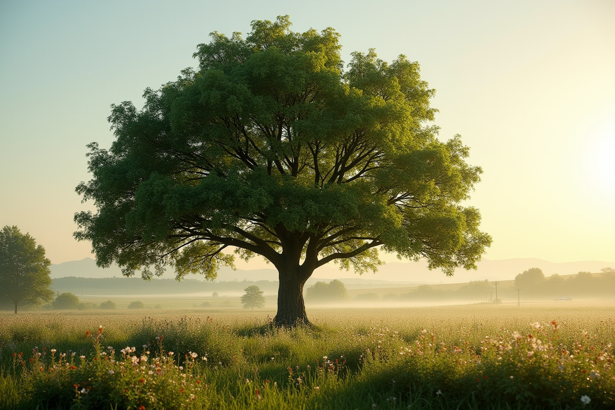 Noyer majestueux dans un paysage agroforesterie paisible