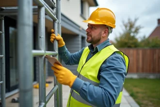 Ouvrier de construction inspectant un échafaudage en extérieur
