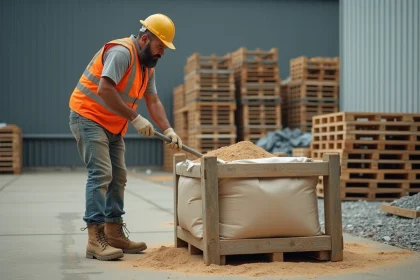 Ouvrier du bâtiment remplissant un big bag de sable au mètre cube dans un dépôt de matériaux de construction