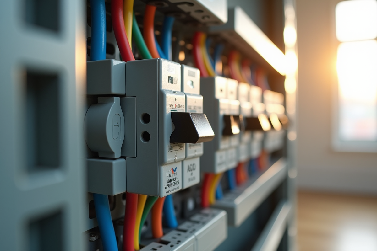 Panneau électrique organisé avec disjoncteurs et fils verts et bleus