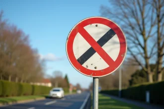 Panneau de fin d'interdiction B34 sur poteau métallique au bord d'une route française suburbaine