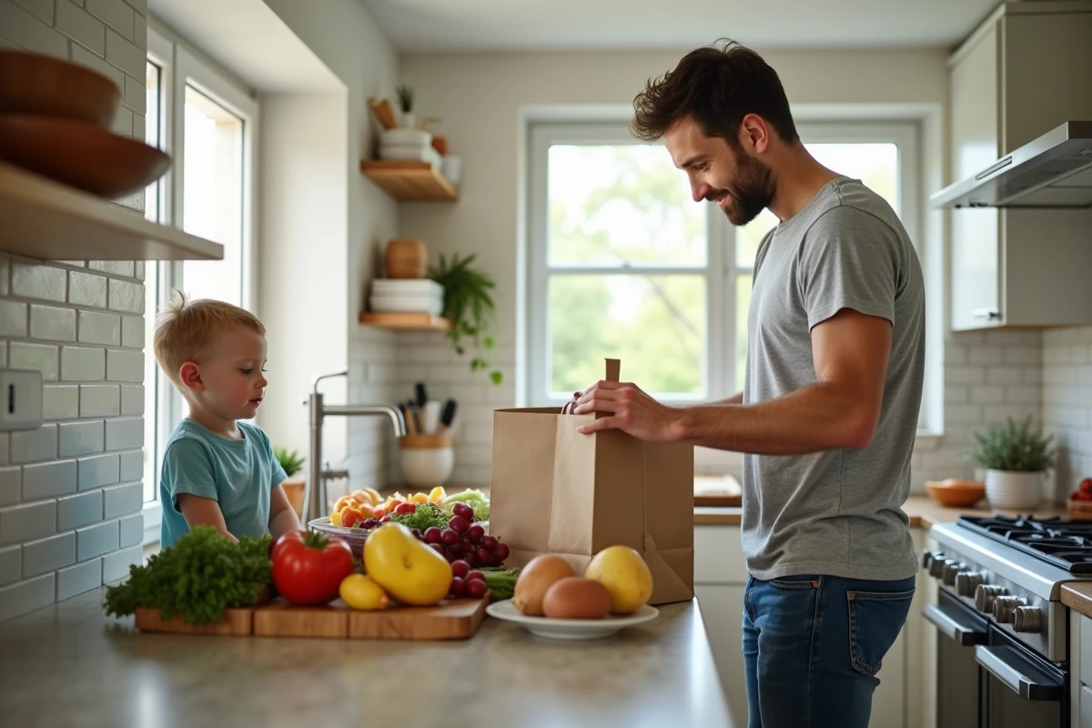 Pere déballant courses avec son enfant dans la cuisine